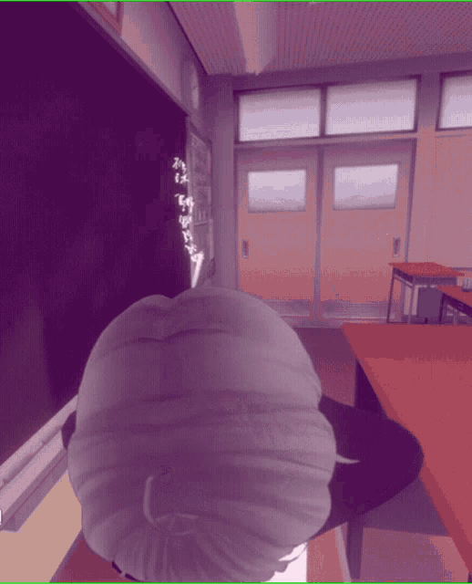 a computer generated image of a person in a classroom with a blackboard
