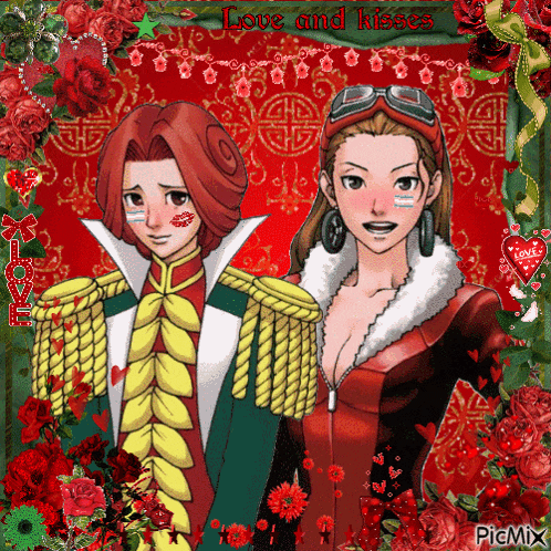 a picture of two anime characters with the words love and kisses written above them