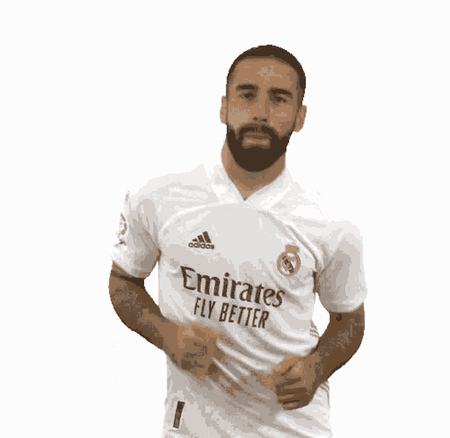 a man with a beard is wearing a white adidas shirt that says fly better