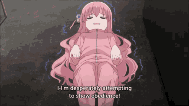 a girl with pink hair says i 'm desperately trying to show obedience
