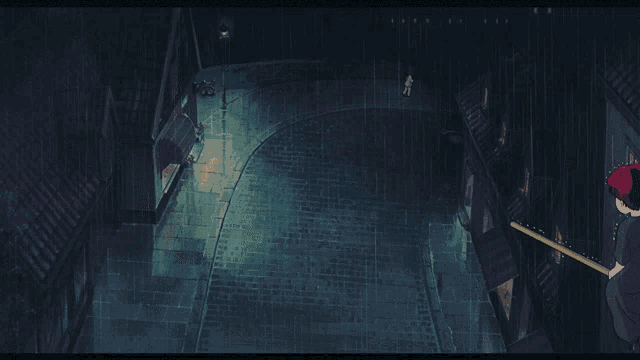 a witch is riding a broom down a dark street