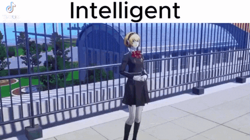 a girl in a school uniform is standing on a balcony next to a fence with the words `` intelligent '' written on it .