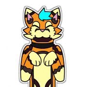 a cartoon cat with a blue arrow on its head is smiling with its eyes closed .