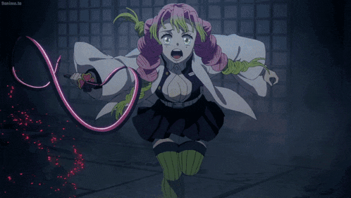 a girl with pink hair is holding a sword and a pink ribbon