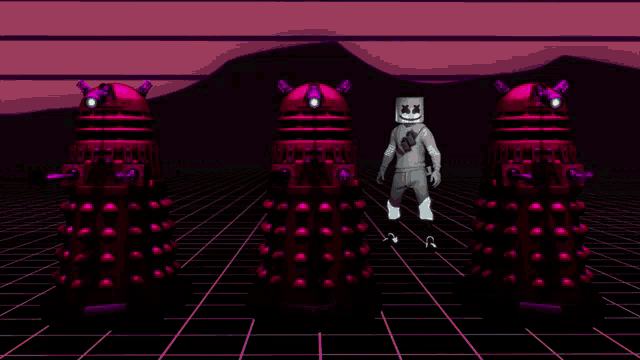 a cartoon character with a marshmallow on his head stands in front of a row of pink robots