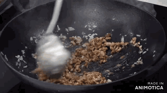 a pan of food is being stirred with a spoon and the words made in animatica are visible in the corner