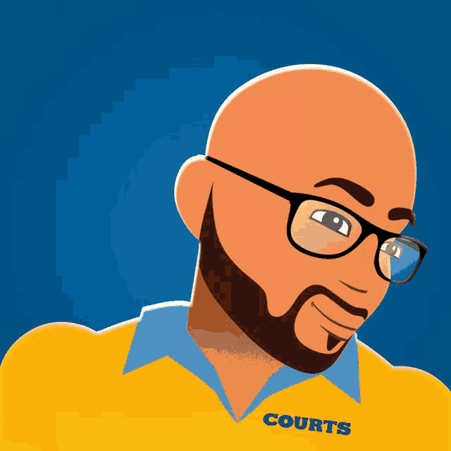 a man with glasses and a yellow shirt that says courts on it