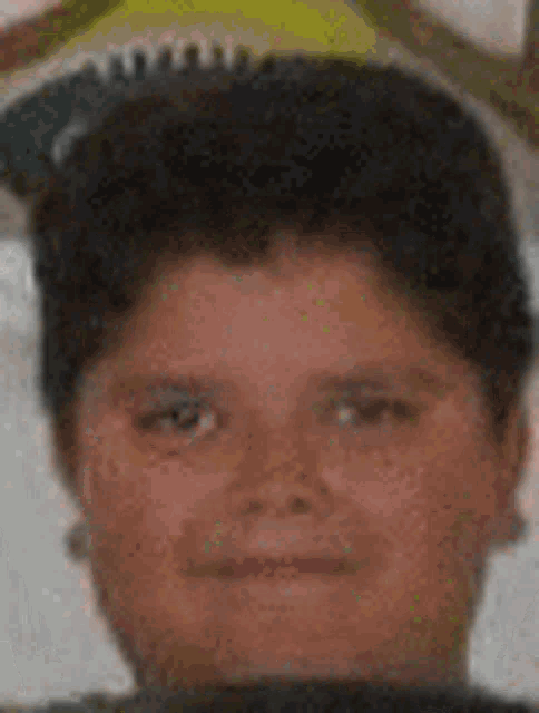 a close up of a young boy 's face with a brush in his hair .