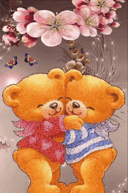 two teddy bears are hugging each other in front of flowers