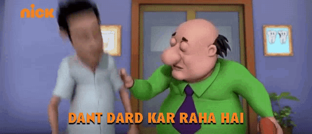 two cartoon characters are standing next to each other with the words dant dard kar raha hai in orange