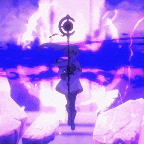 a purple and blue background with a person holding a cane with a circle on it