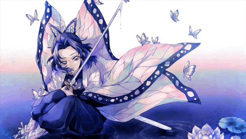 a girl in a butterfly costume is holding a sword and surrounded by butterflies