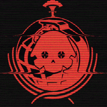 a red circle with a skull in the center