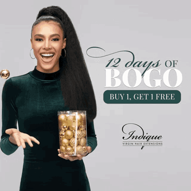 a woman holding a jar of gold ornaments with the words 12 days of bogo
