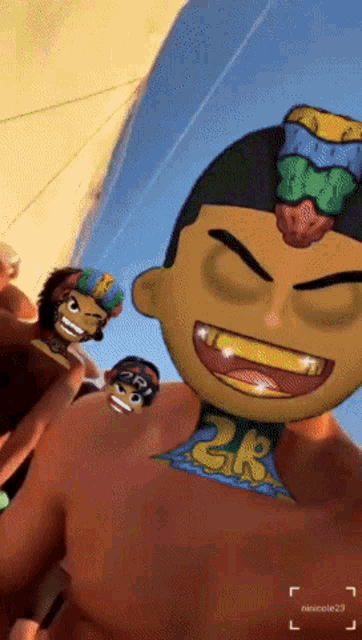 a person holding a cartoon character with 2k written on his chest