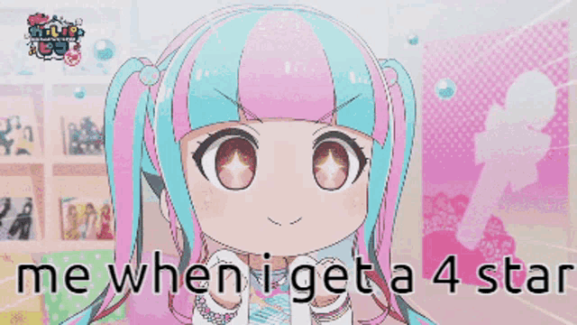 a girl with pink and blue hair has the words me when i get a 4 star on the bottom
