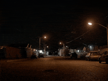 a row of cars are parked on the side of the road at night