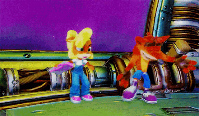 coco and crash bandicoot are standing next to each other in a video game scene .