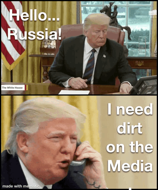 a meme of donald trump talking on a phone with the caption hello russia