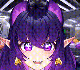 a close up of a girl with purple hair and ears .