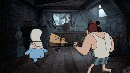a cartoon shows a man holding a broom and another man standing next to him