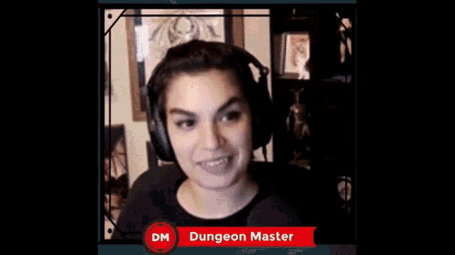 a woman is making a funny face in front of a dungeon master card
