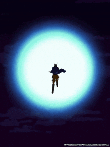 a silhouette of a person standing in front of a blue light with chinese writing underneath