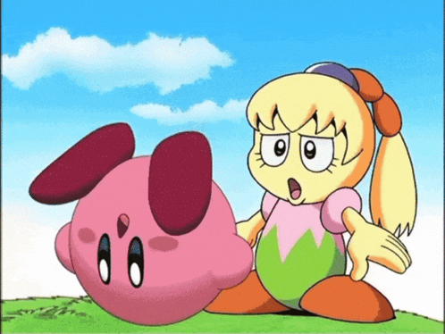 two cartoon characters are standing next to each other and one of them has a surprised look on her face