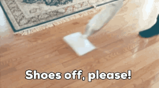 a person is cleaning the floor with a mop and the words shoes off please