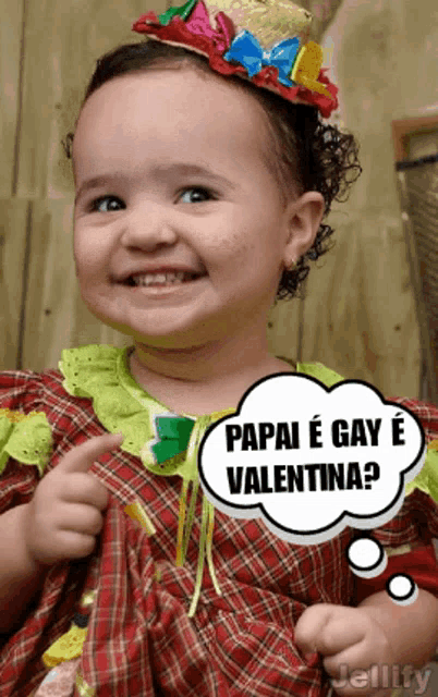 a little girl with a thought bubble that says papai e gay e valentina on it