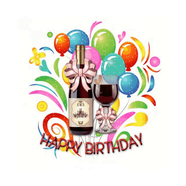 a happy birthday card with a bottle of wine