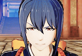 a close up of a anime character 's face with blue hair