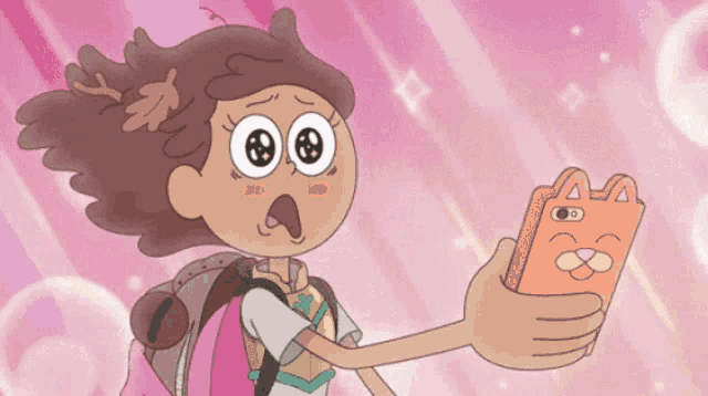 a cartoon girl with big eyes is holding a phone with a cat on it