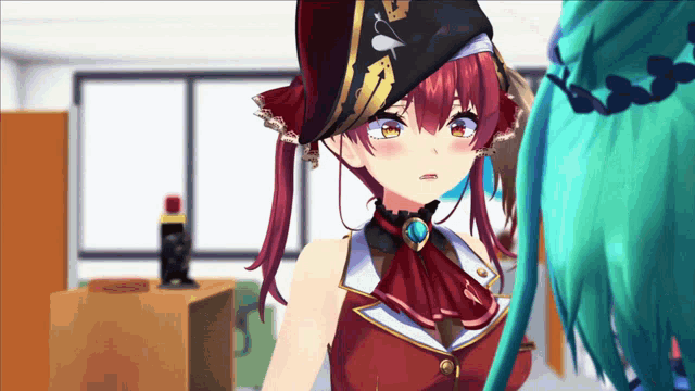 a girl with red hair and a pirate hat is standing next to another girl with green hair