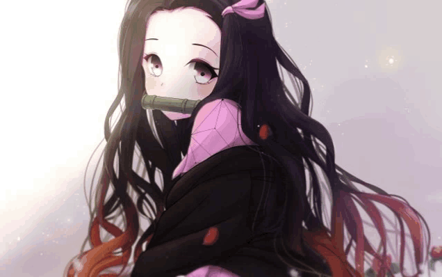 a girl with long black hair is wearing a pink shirt