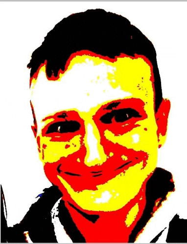 a cartoon drawing of a man 's face with red and yellow highlights