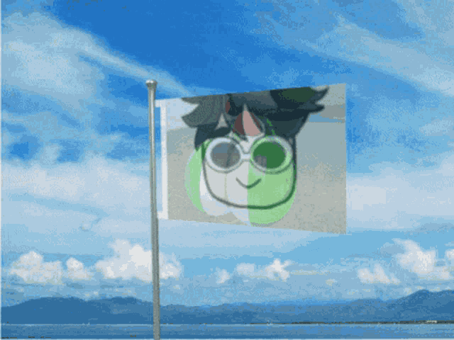 a flag with a picture of a person with glasses on it