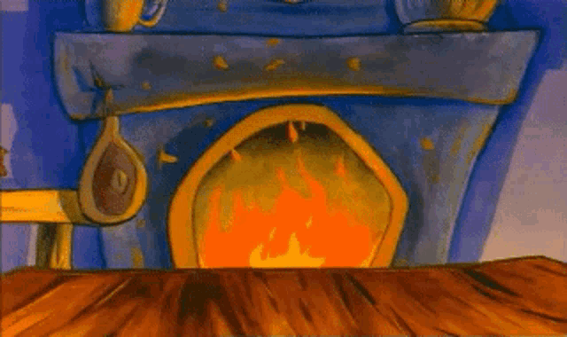 a cartoon of a fireplace with two hands reaching out towards it