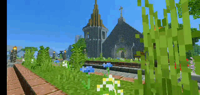 a church in a video game with a cross on top of it