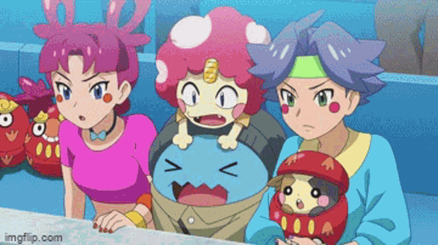 a group of anime characters are sitting around a table and one of them has a red helmet on .
