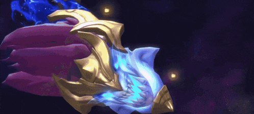 a purple and gold object with a blue glow