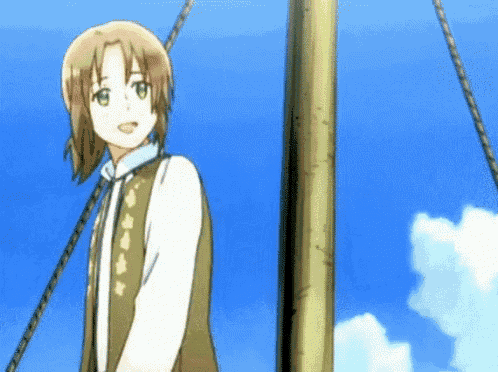 a cartoon character standing next to a pole with a blue sky behind him