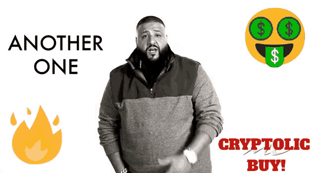 a man stands in front of a sign that says another one cryptolic buy