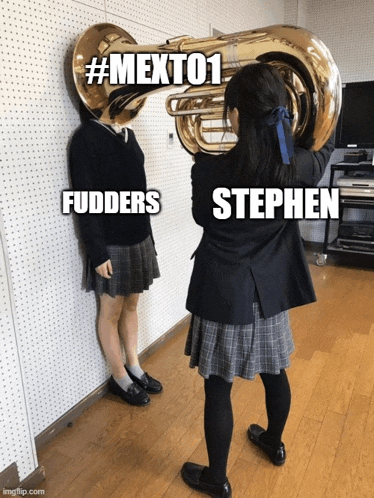 a girl playing a trumpet with the words fudders and stephen