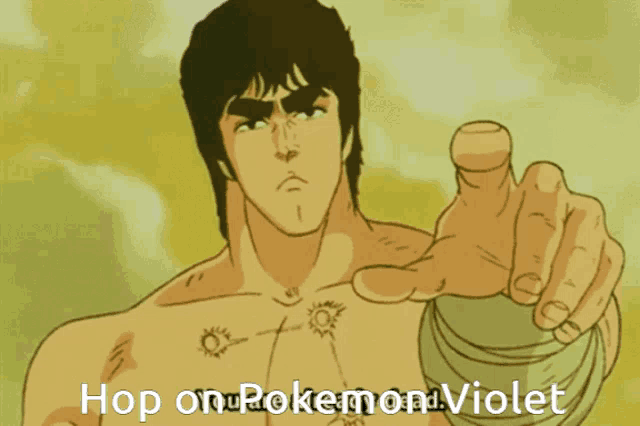 a cartoon of a man pointing at the camera with the words hop on pokemon violet below him