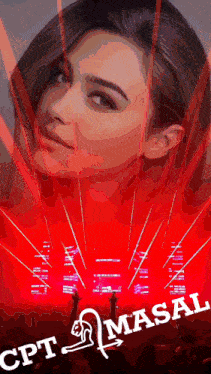 a woman 's face is surrounded by red lights and the word masal is on the bottom