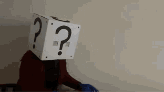 a person with a cardboard box on their head with a question mark on it is holding a piece of paper .