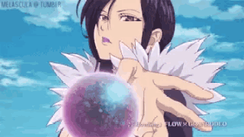 a woman is holding a purple ball in her hand in front of a blue sky .