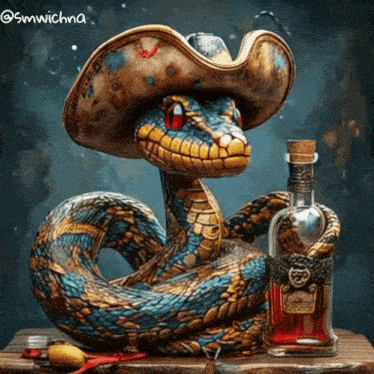 a snake wearing a cowboy hat next to a bottle of alcohol