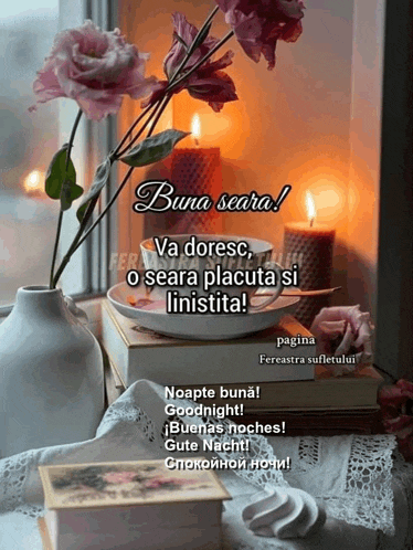 a picture of a vase of flowers and candles with the words buna seara
